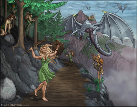 Fantasy Poster, King Mt. Road.  A battle between elves and Dragons.
